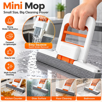 Mini Foldable Sponge Mop, Self-Squeeze Desktop Mop for Small Spaces, Wet & Dry Portable Cleaning Tool for Kitchen Countertops