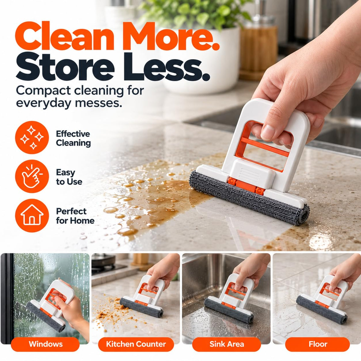 Mini Foldable Sponge Mop, Self-Squeeze Desktop Mop for Small Spaces, Wet & Dry Portable Cleaning Tool for Kitchen Countertops