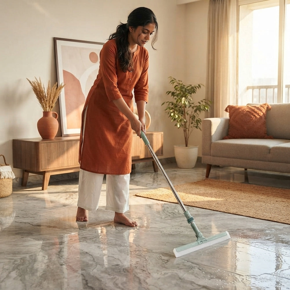 A South Asian woman using a heavy-duty floor squeegee to clean a marble floor in a modern, sunlit home.