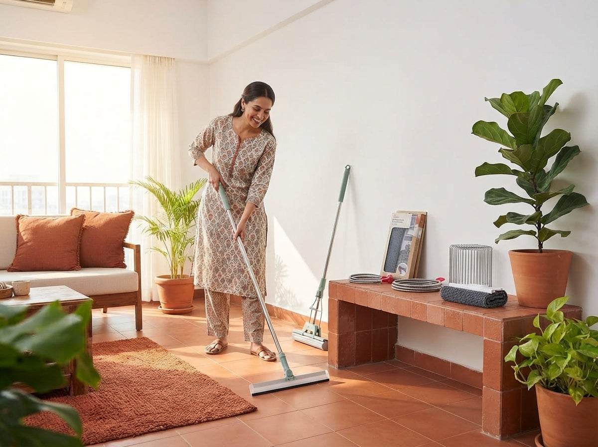 A South Asian woman cleaning a modern Indian apartment with a floor squeegee and mini mop, surrounded by various home mainten